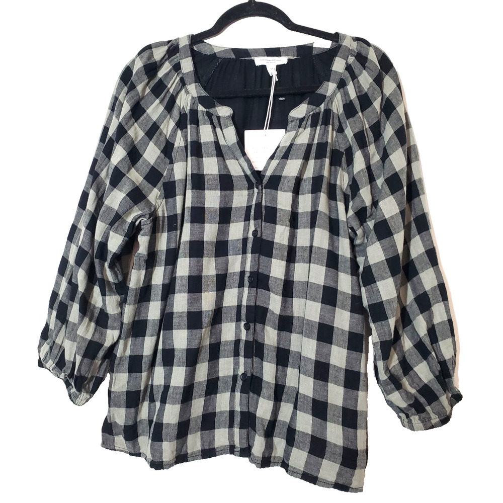 Beach Lunch Lounge NEW Womens Medium Top Black Cotton Plaid Long Sleeve Gauze